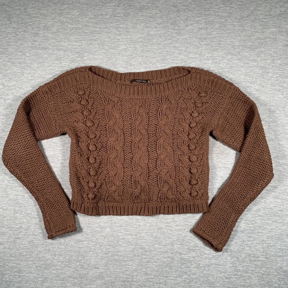 Hazel Sweater Womens Medium Brown Cable Knit Boat Neck Chunky Cropped Pullover